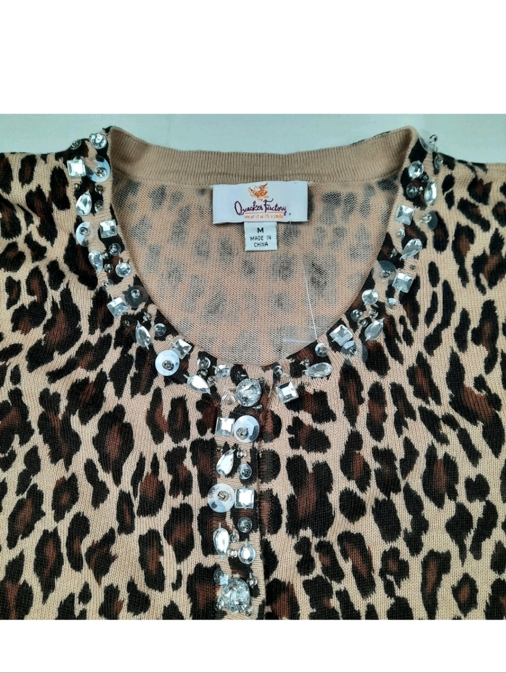 NWOT Quacker Factory Jeweled Leopard Print Glam Rock Cardigan Sweater Size M